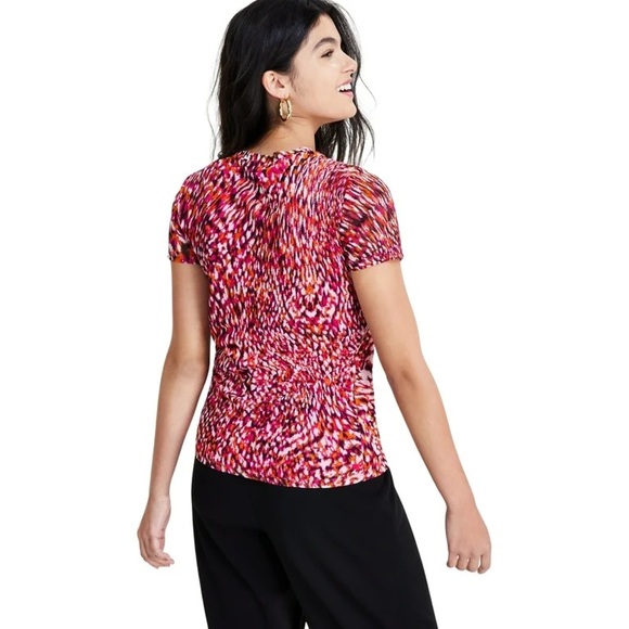434M NWT Bar III Women's Printed Short-Sleeve Mesh Top, Sunset Rose - Size: XXS - Picture 2 of 8